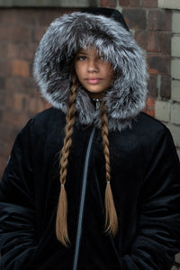 Velvet reversible coat with silver fox fur trim hood – FEURLING